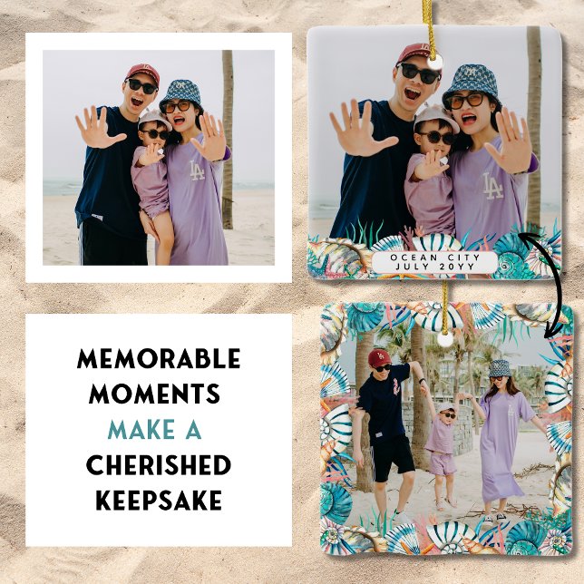 Beach Vacation Erinnerungen Familie Muschel halten Keramikornament (This double-sided ornament allows you to use two of your best photos to make a keepsake to cherish.)