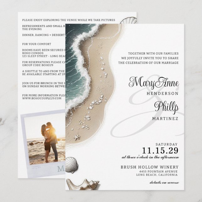Beach Vibe mit Details Einladung Hochzeit (Vorne/Hinten)
