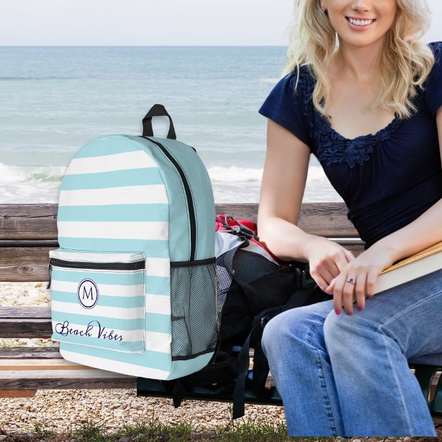 Beach Vibes Coastal Stripes Nautic Monogram Bedruckter Rucksack (A backpack with blue and white striped front, monogram initial and 'Beach Vibes' caption)