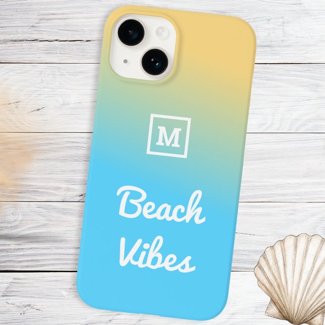 Beach Vibes Modern Blue Yellow Ombre Mit Monogramm Case-Mate iPhone Hülle (A beach themed phone case with yellow and blue ombre design, personalized with a monogram initial)