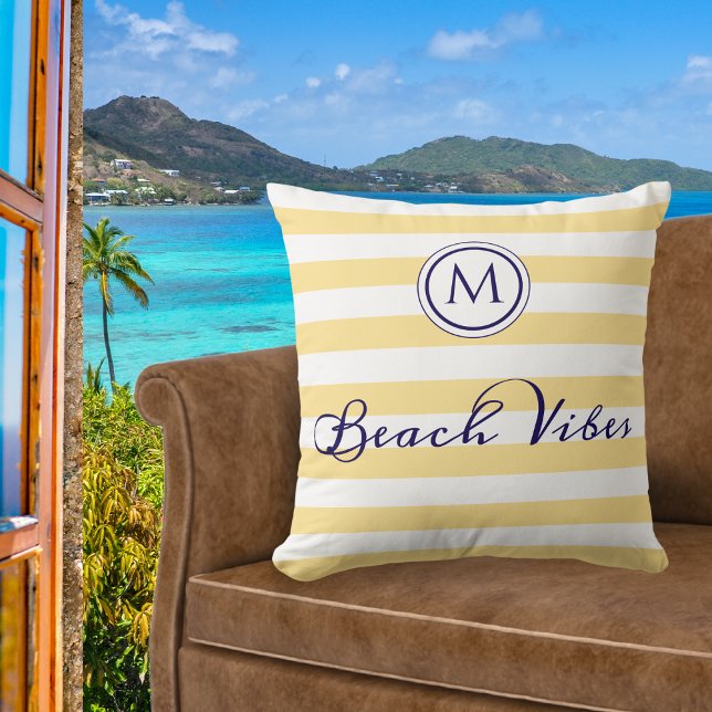 Beach Vibes Monogram Striping Yellow White Chic Kissen (A chic throw pillow with 'Beach Vibes' words, yellow and white nautical stripes and custom monogram)