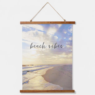 Beach Vibes Ocean Waves Sonnenuntergang Holz Scrol Wandteppich Mit Holzrahmen