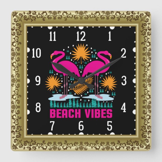 Beach Vibes Pink Flamingos-19501 Quadratische Wanduhr (Vorderseite)