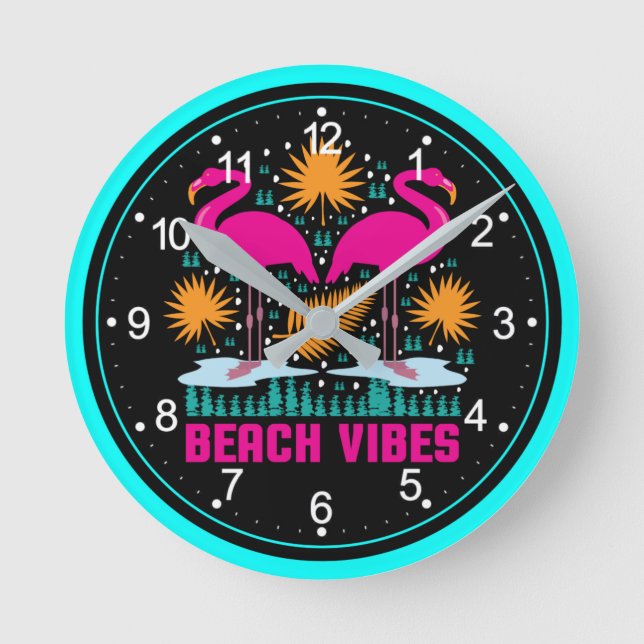 Beach Vibes Pink Flamingos-19501 Runde Wanduhr (Vorderseite)