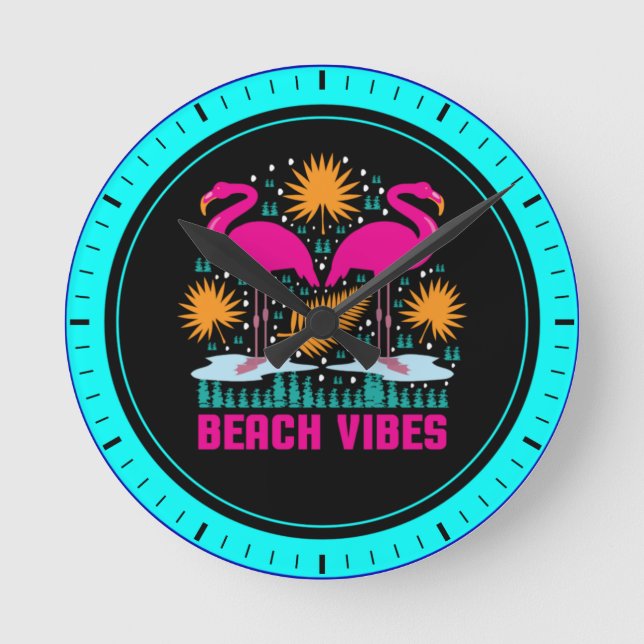 Beach Vibes Pink Flamingos-19501 Runde Wanduhr (Vorderseite)