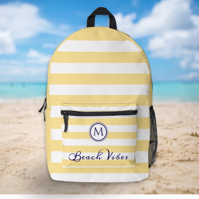 Beach Vibes Summer Yellow White Strips Monogram Bedruckter Rucksack (A yellow and white striped backpack with 'Beach Vibes' caption and custom monogram initial)