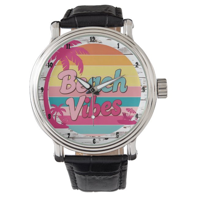 Beach Vibes Sunset Clock Tropical Armbanduhr (Vorderseite)