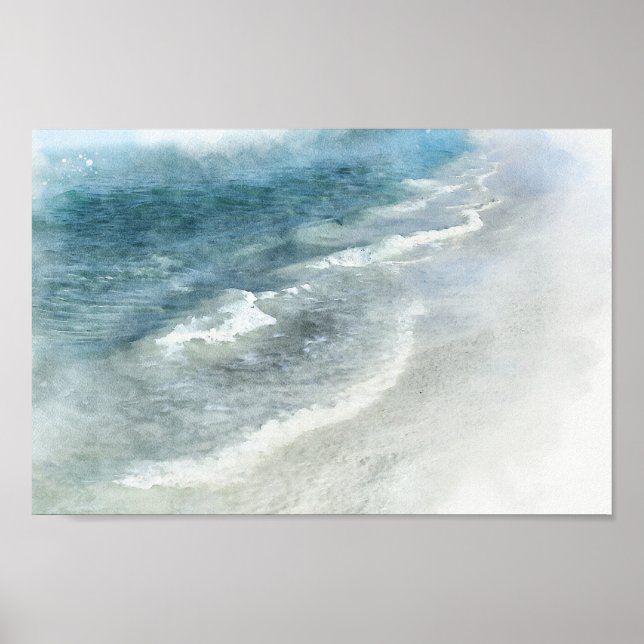 Beach Watercolor - Aquamarine dunkelblaue Waves an Poster (Vorne)