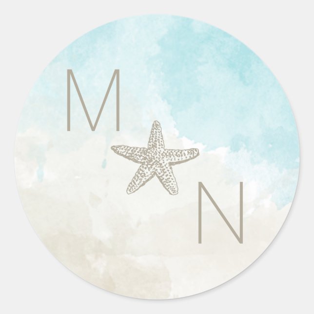 Beach Watercolor Monogram Hochzeitsskizze Umschlag Runder Aufkleber (Vorderseite)