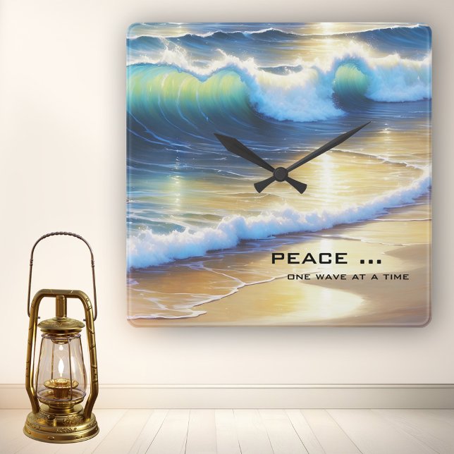 Beach Waves Dream Time Quadratische Wanduhr (Wall clock featuring a peaceful painting of a wave on the beach in the sun.)