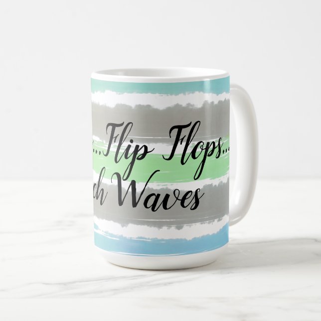 Beach Waves Grau Green Blue Wassercolor Streifen Kaffeetasse (VorderseiteRechts)