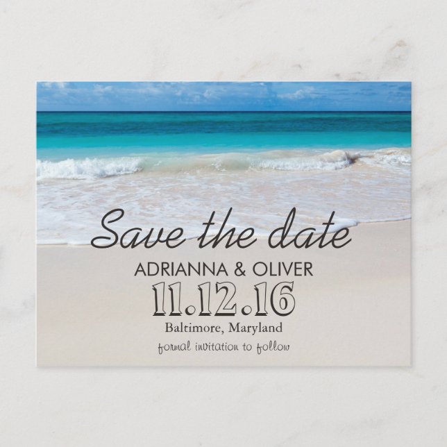 Beach Waves Hochzeit in Urlaubsort Save the Date Ankündigungspostkarte (Vorderseite)