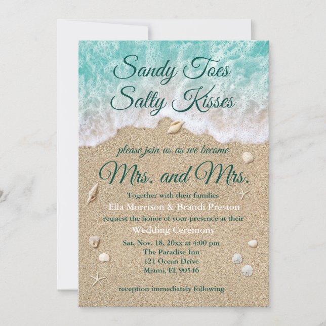 Beach Waves Sandy Toes Salty Kisses Mrs. & Mrs. Einladung (Vorderseite)