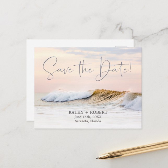 BEACH WEDD SAVE THE DATE POSTCARD | OCEAN WAVES POSTKARTE (Vorderseite/Rückseite Beispiel)