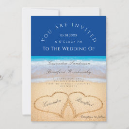 Beach Wedding 2 Hearts Sand Wedding Dark Blue Einladung