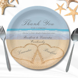 Beach Wedding 2 Herz im Sand Hochzeitspapier Pappteller