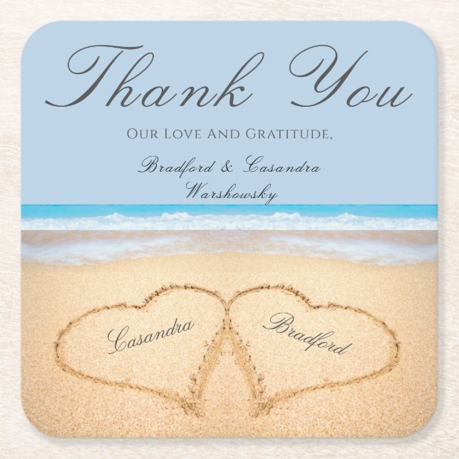 Beach Wedding 2 Herz im Sand Hochzeitspapier Rechteckiger Pappuntersetzer (Vorderseite)