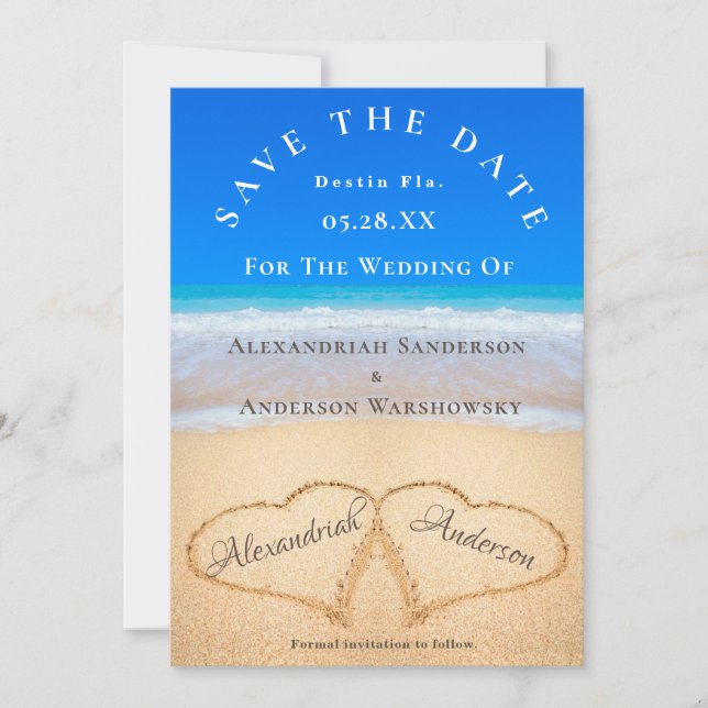 Beach Wedding 2 Herz im Sand Save the Date Einladung (Vorderseite)