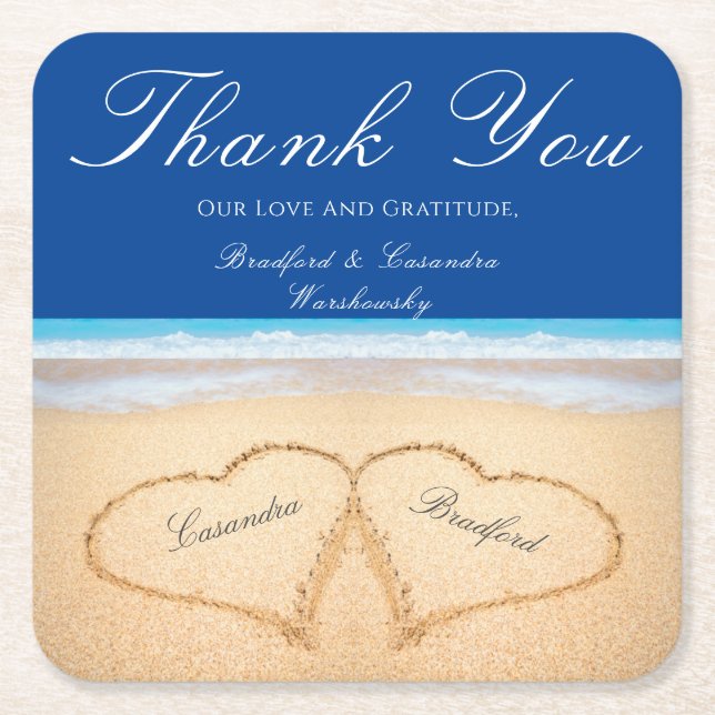 Beach Wedding 2 Herz in the Sand Wedding Rechteckiger Pappuntersetzer (Vorderseite)