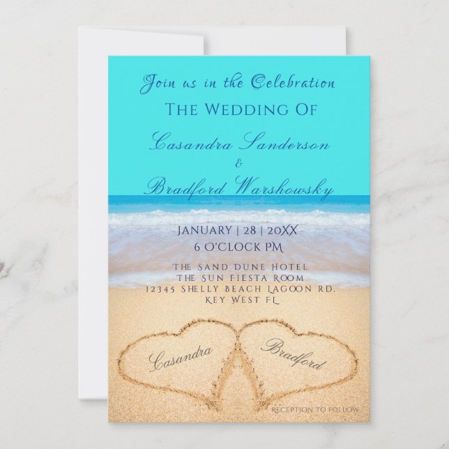 Beach Wedding 2 Herz Sand Aquamarin Blue Einladung (Vorderseite)