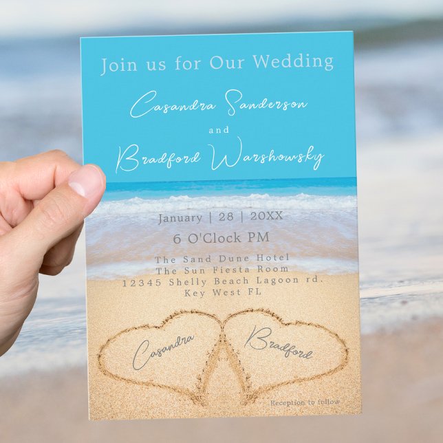 Beach Wedding 2 Herz Sand Wedding Ocean Blue Inv Einladung (Von Creator hochgeladen)