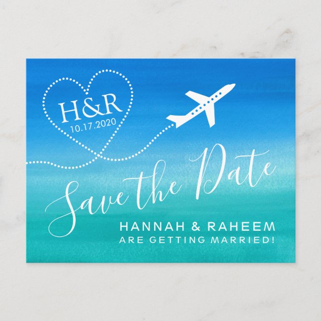 Beach Wedding Aquamarin Blue Ombre Save the Date Ankündigungspostkarte (Vorderseite)