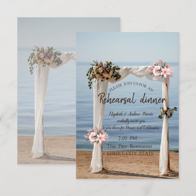 Beach Wedding Arch Floral Probe Dinner Einladung (Vorne/Hinten)