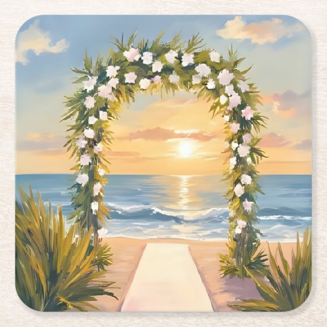 Beach Wedding Arch Floral Watercolor Rechteckiger Pappuntersetzer (Vorderseite)