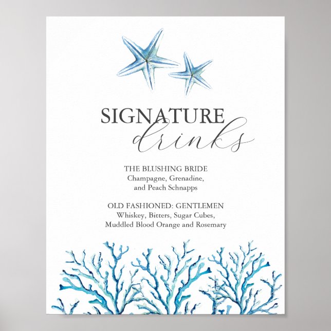 Beach Wedding Bar Sign Wasserfarbe Starfish Poster (Vorne)