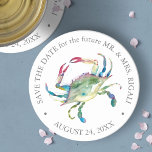 Beach Wedding Blue Crab Save the Date Runder Pappuntersetzer<br><div class="desc">Beach wedding save the date coasters were designed using a replica of my original watercolor blue crab in shades of ocean blue,  reds and greens. Personalize with your destination or coastal wedding details. To see more tropical beach wedding favors and party decor visit www.zazzle.com/dotellabelle</div>