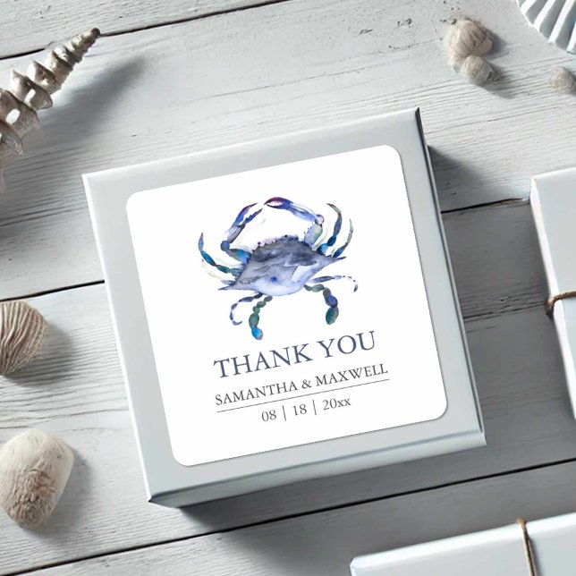 Beach Wedding Blue Crab Vielen Dank für Ihr Intere Quadratischer Aufkleber (Beach wedding favor stickers watercolor blue crab art by Victoria Grigaliunas of Do Tell A Belle)