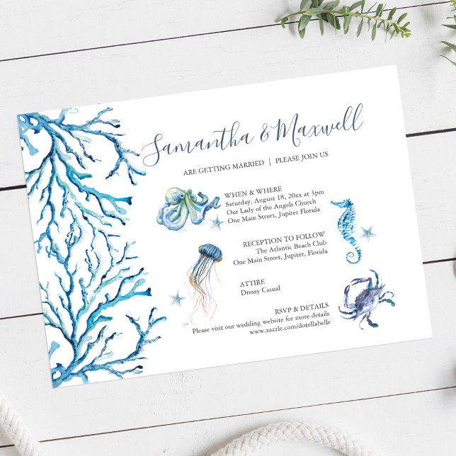 Beach Wedding Blue Watercolor Illustriert Einladung (Custom beach wedding invitation cards features unique watercolor art by Victoria Grigaliunas)