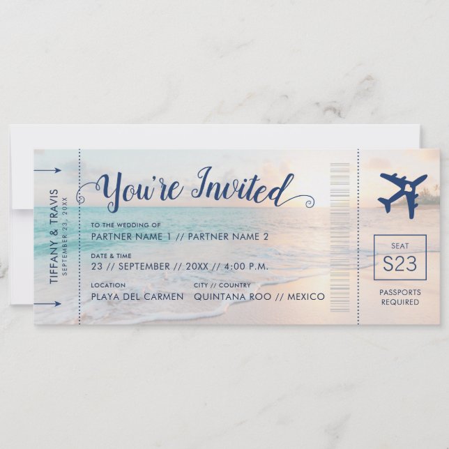 Beach Wedding Boarding Pass All-in-One Einladung (Vorderseite)
