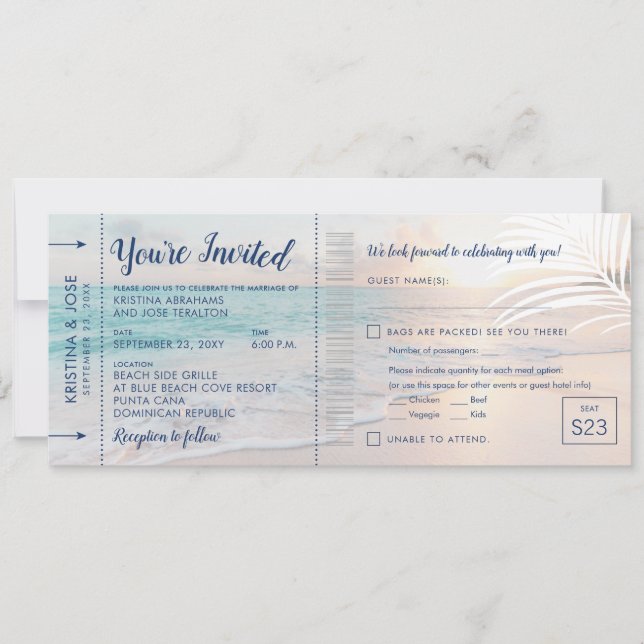 Beach Wedding Boarding Pass All-in-One Einladung (Vorderseite)
