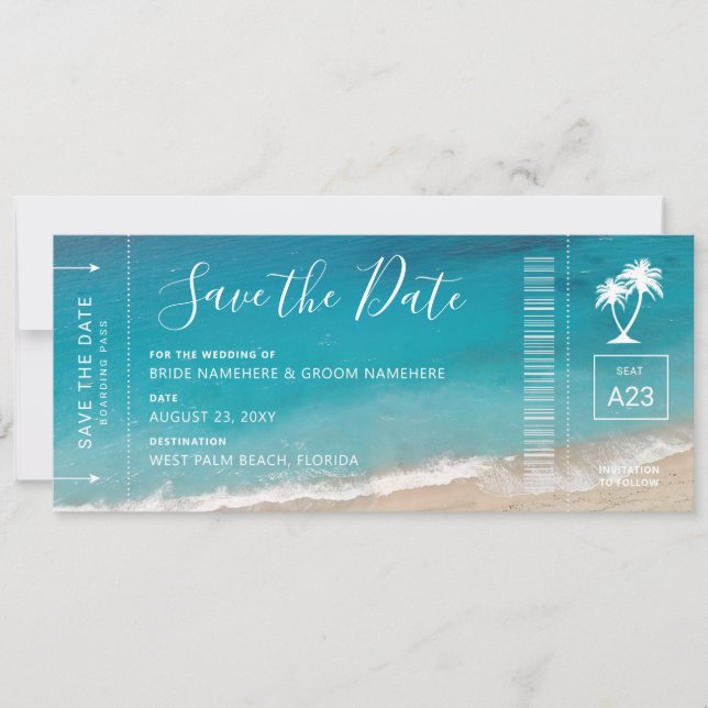 Beach Wedding Boarding Pass Moody Aquamarin Ocean  Save The Date (Vorderseite)