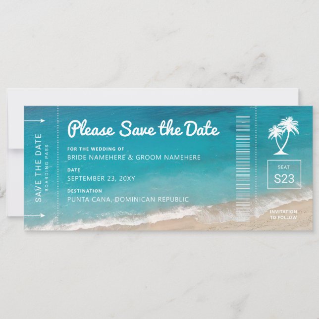 Beach Wedding Boarding Pass Moody Aquamarin Ocean  Save The Date (Vorderseite)