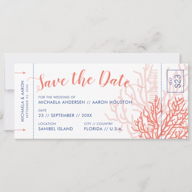 Beach Wedding Boarding Pass Rett Date Coral Pink Ankündigung (Vorderseite)