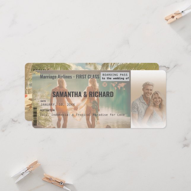 Beach Wedding Boarding Pass Romantic Beach  Einladung (Vorderseite/Rückseite Beispiel)