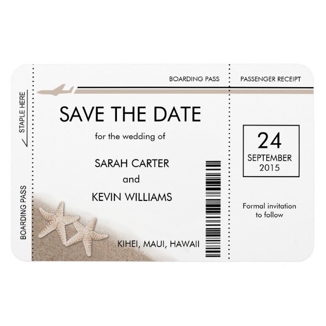 Beach Wedding Boarding Pass Save the Date Magnete (Horizontal)