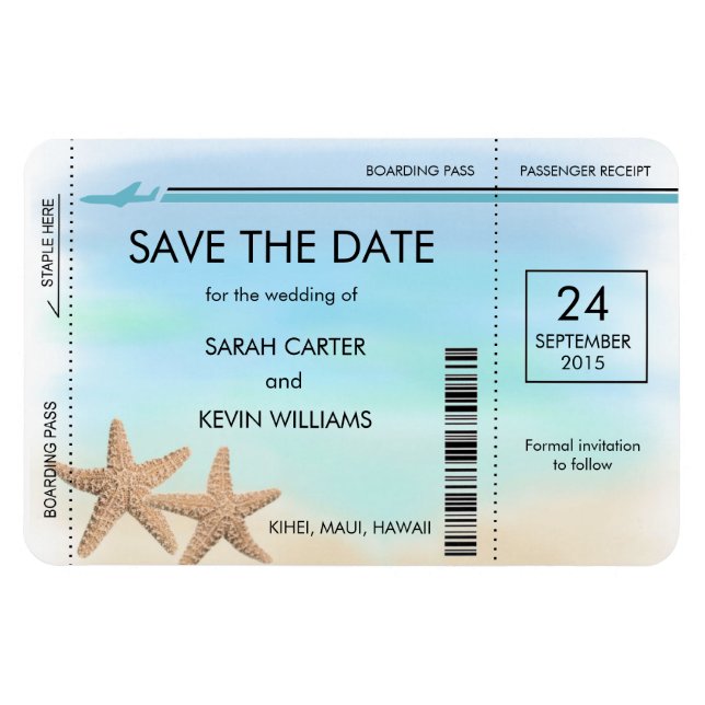 Beach Wedding Boarding Pass Save the Date Magnete (Horizontal)