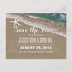 Beach Wedding Burlap & Starfish Save the Date Ankündigungspostkarte