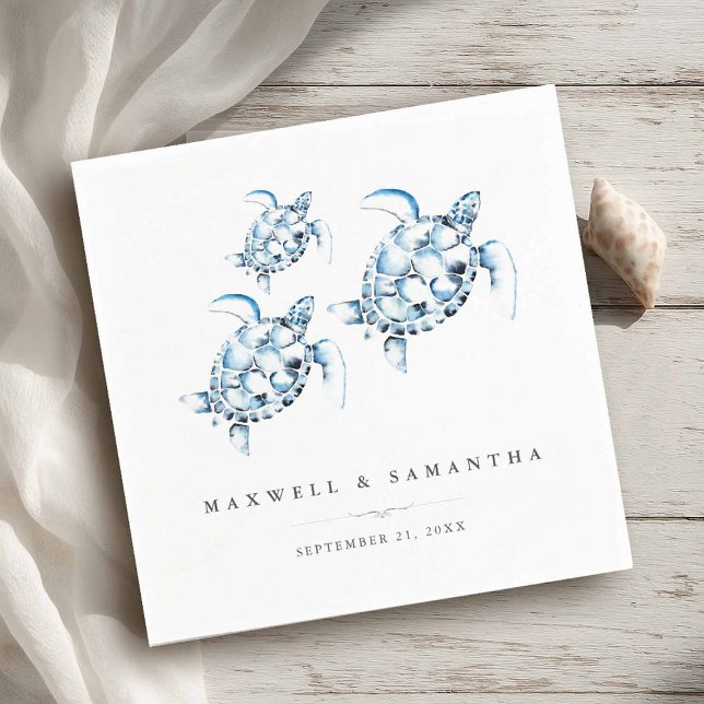 Beach Wedding Cocktail Napkins Sea Turtles Serviette (Beach wedding personalized cocktail napkins with watercolor sea turtle art by Victoria Grigaliunas)
