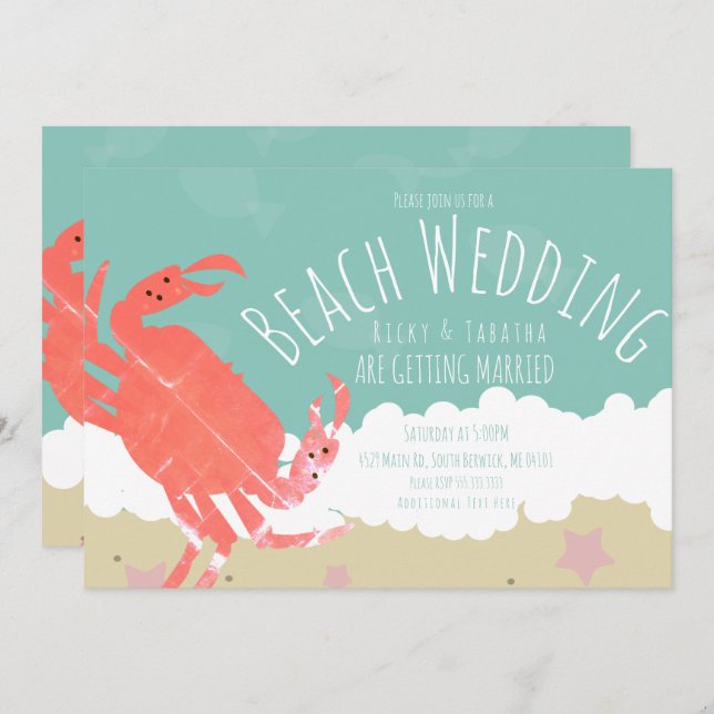 Beach Wedding Crab Sand Ocean Waves Einladung (Vorne/Hinten)