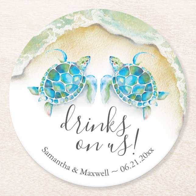 Beach Wedding Custom Drink Coasters Sea Turtles Runder Pappuntersetzer (Vorderseite)