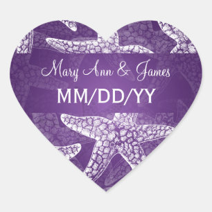 Beach Wedding Date Starfish Lila Herz-Aufkleber
