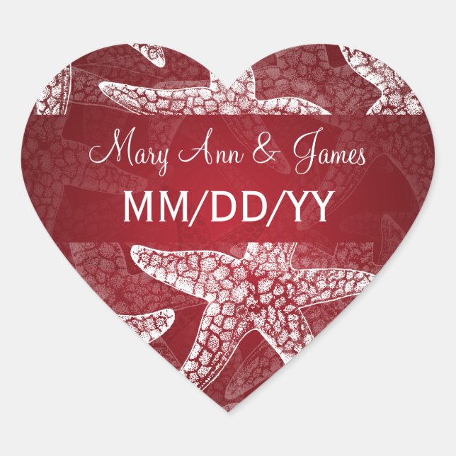Beach Wedding Date Starfish Red Herz-Aufkleber (Vorderseite)