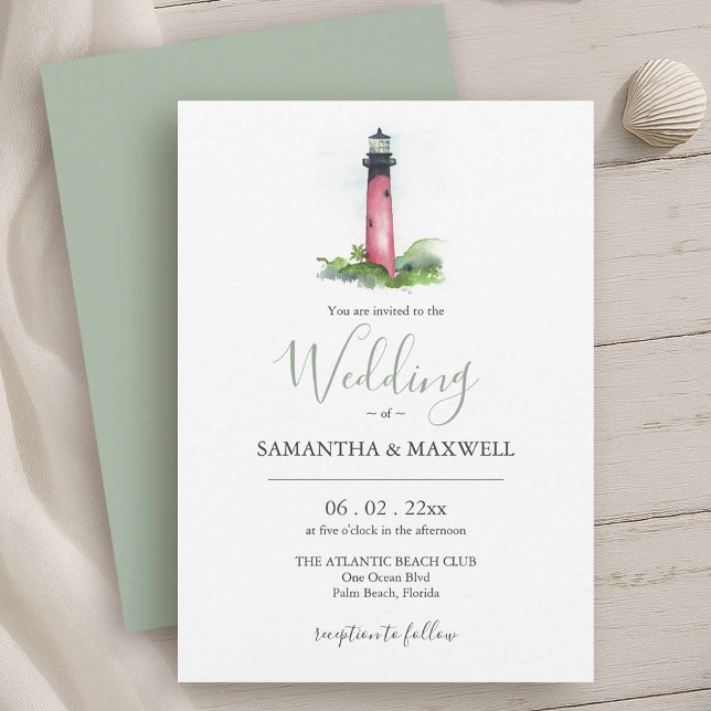 Beach Wedding Einladung Wasserfarbe Leuchtturm (Beach wedding invitations feature watercolor Jupiter lighthouse Victoria Grigaliunas DoTellABelle)