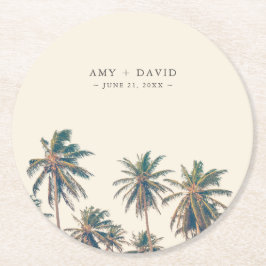 Beach Wedding Empfang Palm Tree Personalisiert Runder Pappuntersetzer
