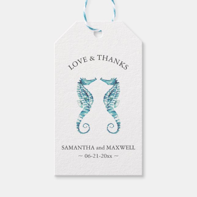 Beach Wedding Favor Tags Wassercolor Seepferd Geschenkanhänger (Vorderseite)