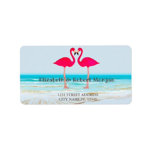 Beach Wedding, Flamingos in Liebe Hochzeitslabel Adressaufkleber (Vorne)